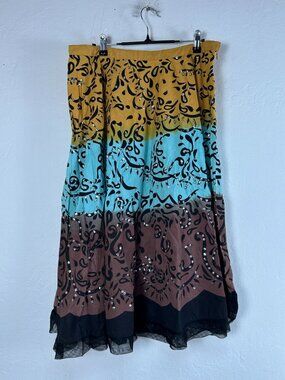 Citicraze Womens Yellow Black Boho Embellishment A-Line Midi Skirt XL Cotton